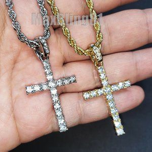 Iced Cross Pendant & 24" Rope Chain Fashion Hip Hop Jewelry Gold Silver Necklace